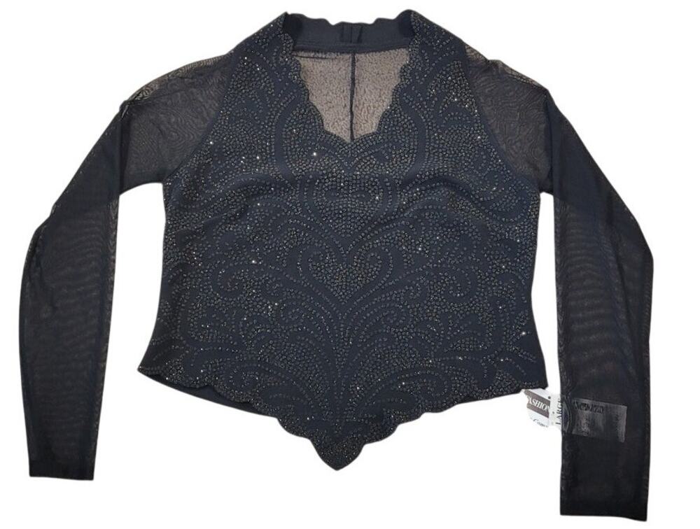VTG 80's USA Made Bustier Long Mesh Sleeve Sheet Black Beaded Evening Top Large